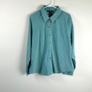 Susan Graver Style Top Size XL Teal Green Striped Button Front Shirt A44976